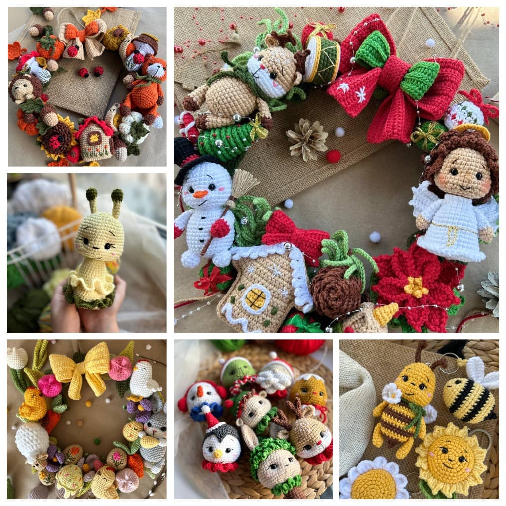 Przytulna kolekcja ręcznie wykonanych szydełkowych zabawek amigurumi z kłębkami włóczki